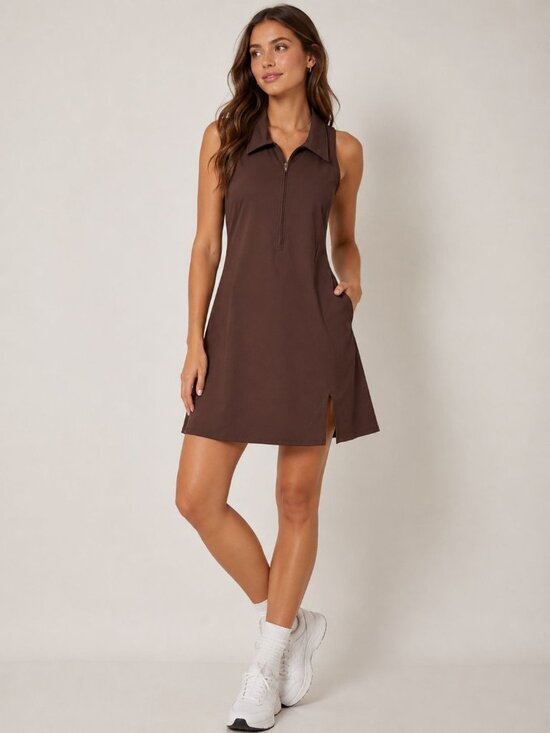 Qinsen Dresses & Skirts - QINSEN Womens Tennis/Golf Dress Polo Collar Racer Back  W/Shorts Brown Large